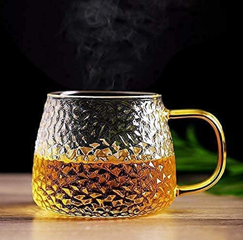VILON Golden Handle Glass Tea and Coffee Mug – 410ml Clear Cups – Elegant Borosilicate Glass – Microwave Safe – Ideal for Tea, Coffee, Milk, Juice | 410ml | Set of 6 (Gold Teacup 6) - Image 1