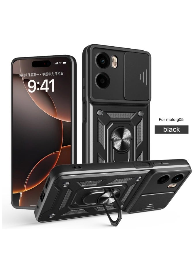 for Motorola G05/E15 Case, Slide Camera Lens Cover, Magnetic Ring Holder Kickstand Protective Phone Case for Motorola G05/E15, Black - Image 1
