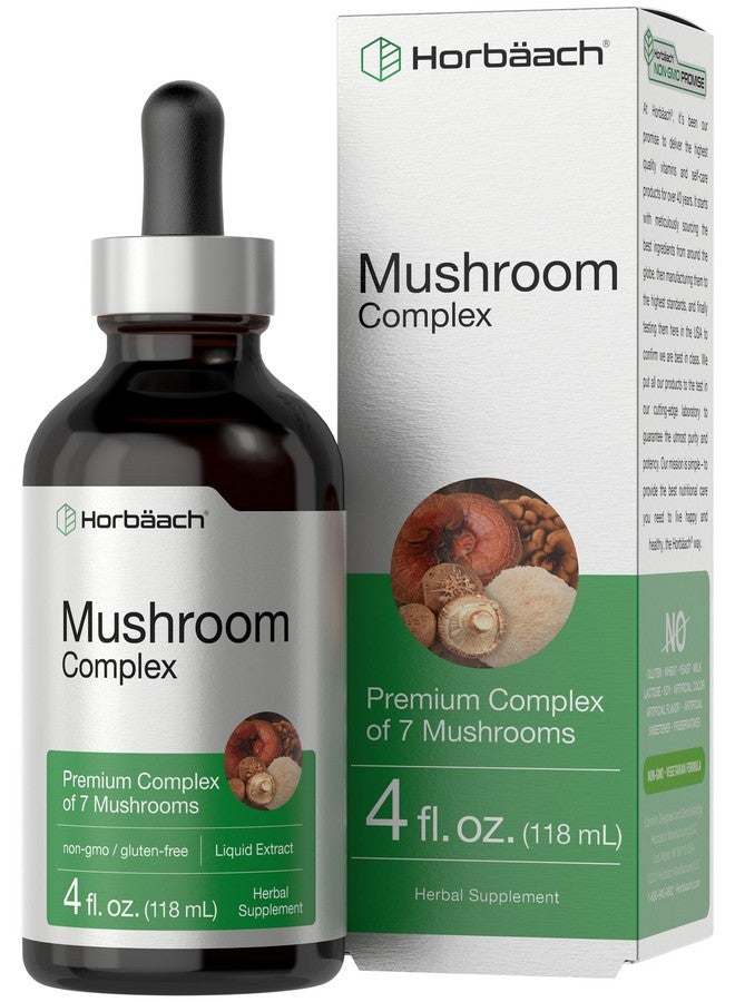 Horbäach Mushroom Complex Liquid Extract | 4 FL Oz Tincture Drops | 7 Premium Mushrooms | Maitake, Shiitake, Reishi, Chaga, Cordyceps, Lion's Mane & Oyster Mushrooms | Vegetarian, Non-GMO, Gluten Free - Image 1