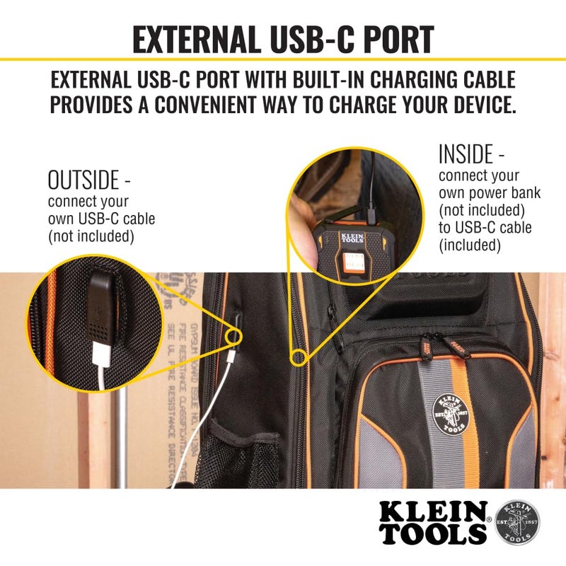 Klein Tools 62805BPTECH 28-Pocket Laptop Backpack Tool Bag, Tradesman Pro Extra-Large Tech Tool Backpack with Molded Bottom, Charging Port - Image 3
