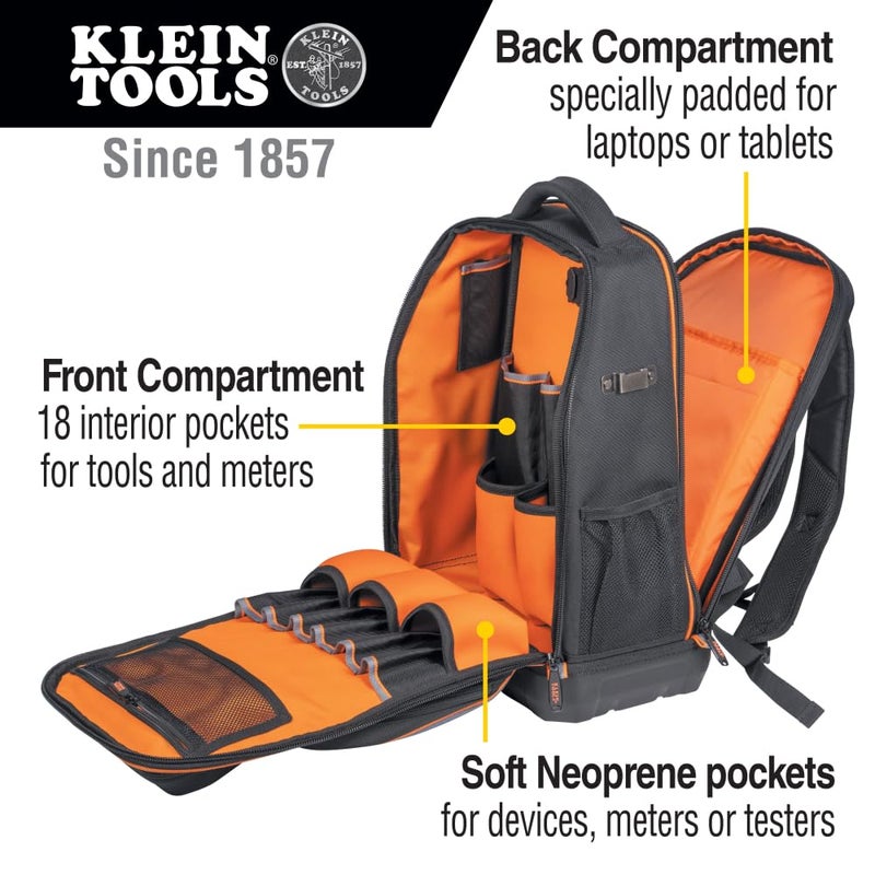 Klein Tools 62805BPTECH 28-Pocket Laptop Backpack Tool Bag, Tradesman Pro Extra-Large Tech Tool Backpack with Molded Bottom, Charging Port - Image 2