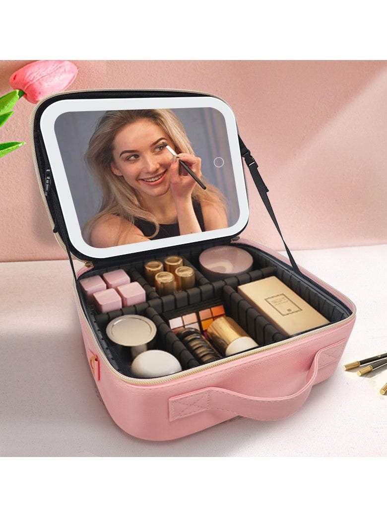 Generic makeup bag with LED mirror,Adjustable Brightness LED Cosmetic Train Case with brush storage board suitable for travel and daily make up  ,Portable Travel Cosmetic Organizer for Women, 3 Color Light Settings, Adjustable Dividers Vanity Case Birthday gifts  - Image 3