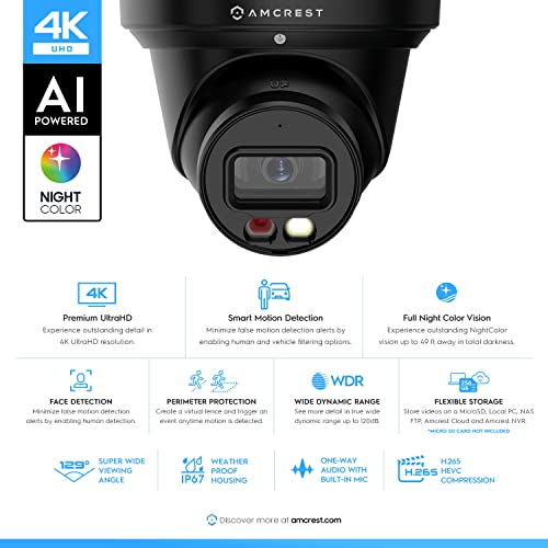 Amcrest 4K Night Color AI Turret IP PoE Camera 49ft Full Color Nightvision, Security IP Camera, Built-in Microphone, Human Detection, Perimeter Protection, 129° FOV, 4K@15fps IP8M-2779EB-AI (Black) - Image 2