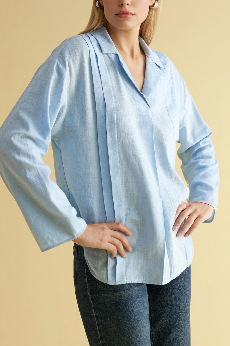 DeFacto Blue Woman Relax Fit Shirt Collar Long Sleeve Blouse Casual - Image 4