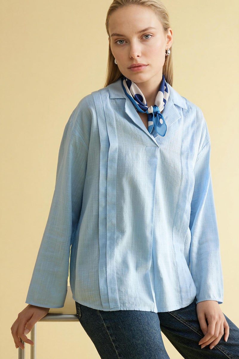 DeFacto Blue Woman Relax Fit Shirt Collar Long Sleeve Blouse Casual - Image 1