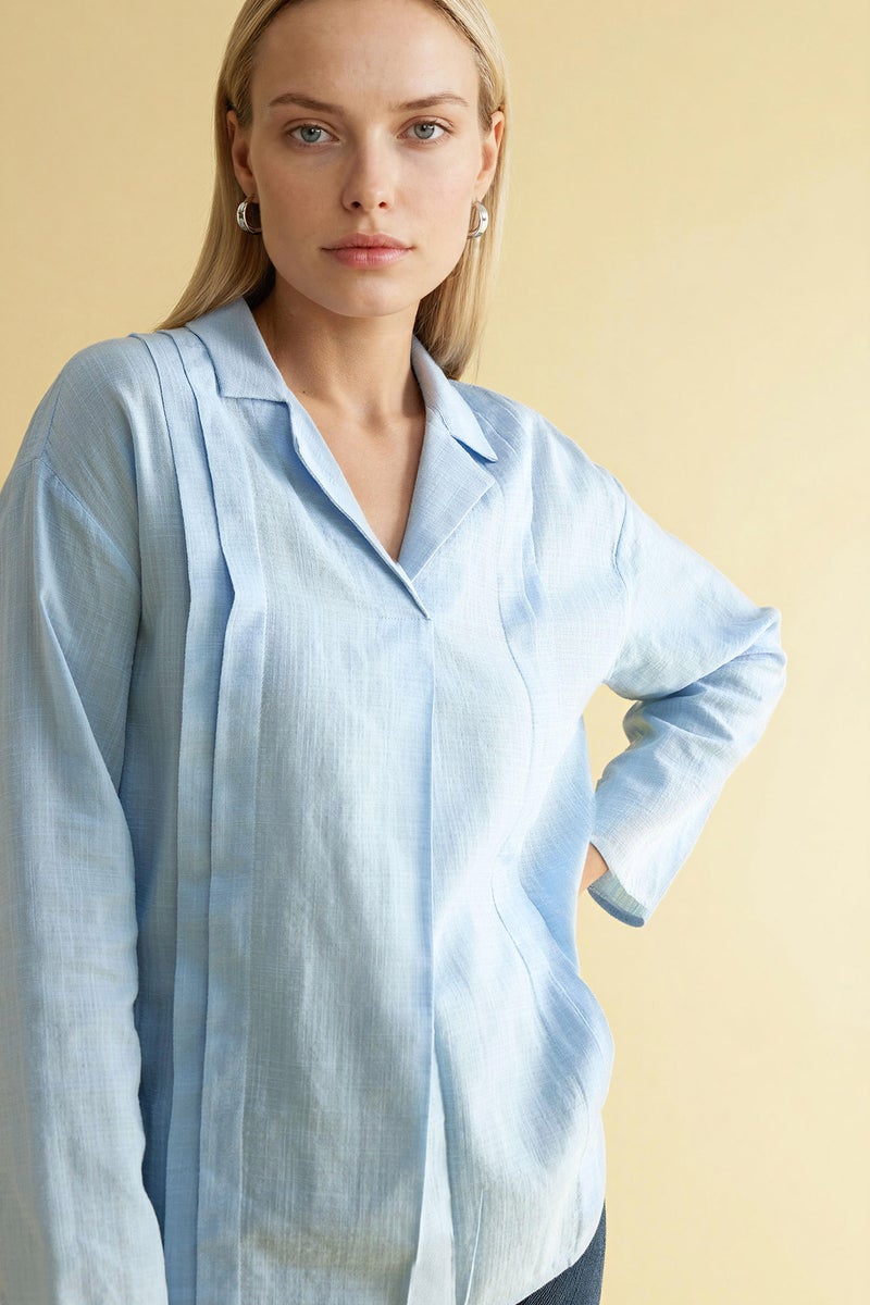 DeFacto Blue Woman Relax Fit Shirt Collar Long Sleeve Blouse Casual - Image 3