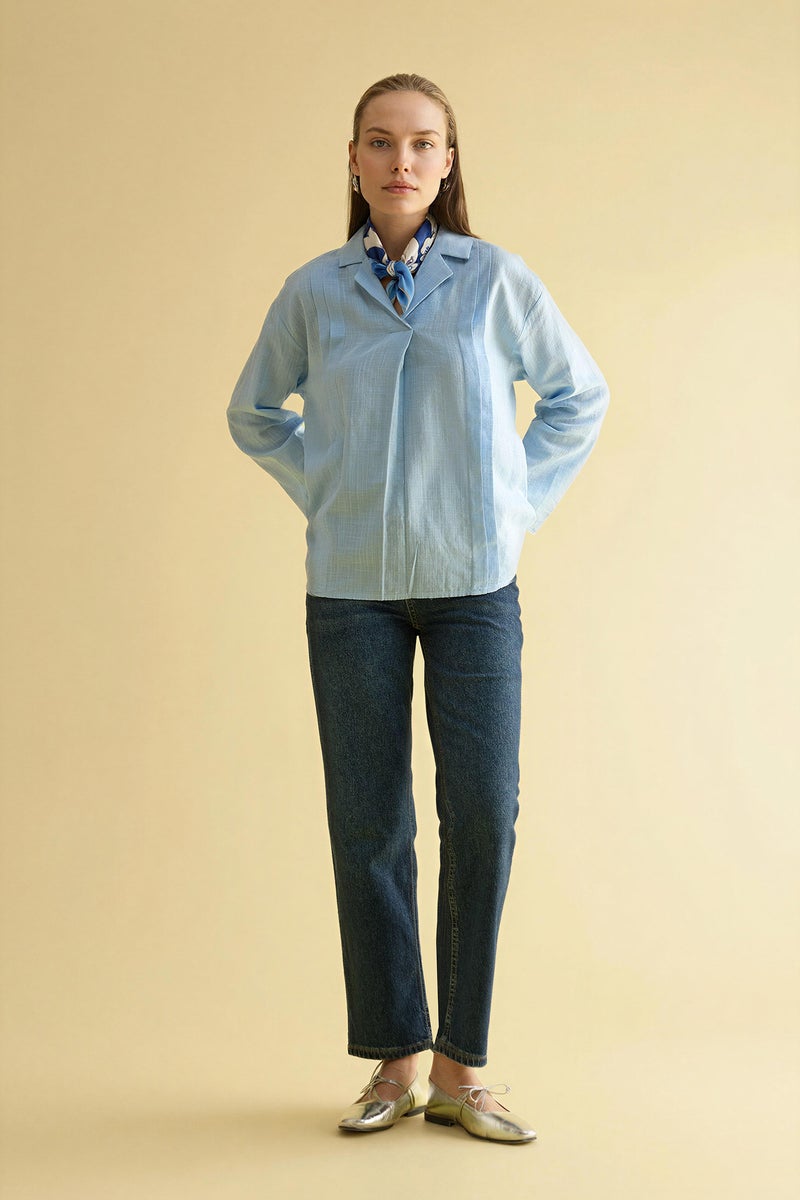 DeFacto Blue Woman Relax Fit Shirt Collar Long Sleeve Blouse Casual - Image 2