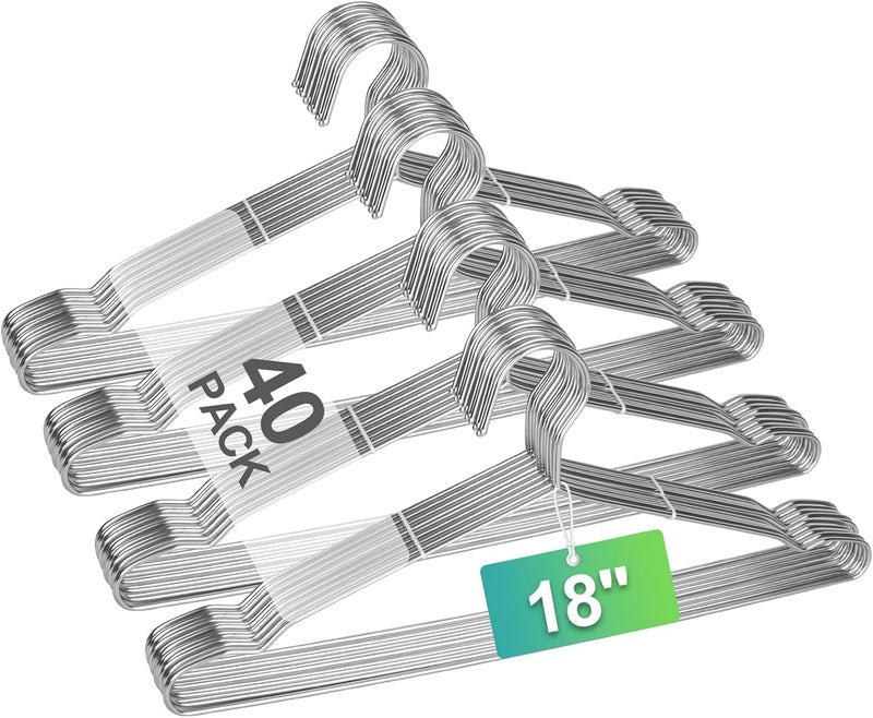 UEAKPIC Metal Hangers Heavy Duty 18 Inch Clothes Hangers, Space Saving and Non-Slip Groove Stainless Steel 40 Pack Rustproof Clothes Hangers (11lb & 3.2mm), for Suits, Shirts, Pants, Dresses (Silver) - Image 1