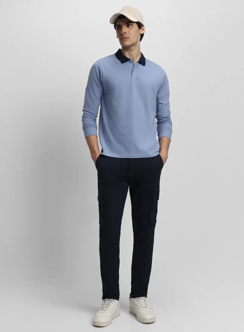Dennis Lingo Light Blue Slim Fit Polo Collar T-shirt for Men - 100% Cotton, Full Sleeve, Casual,