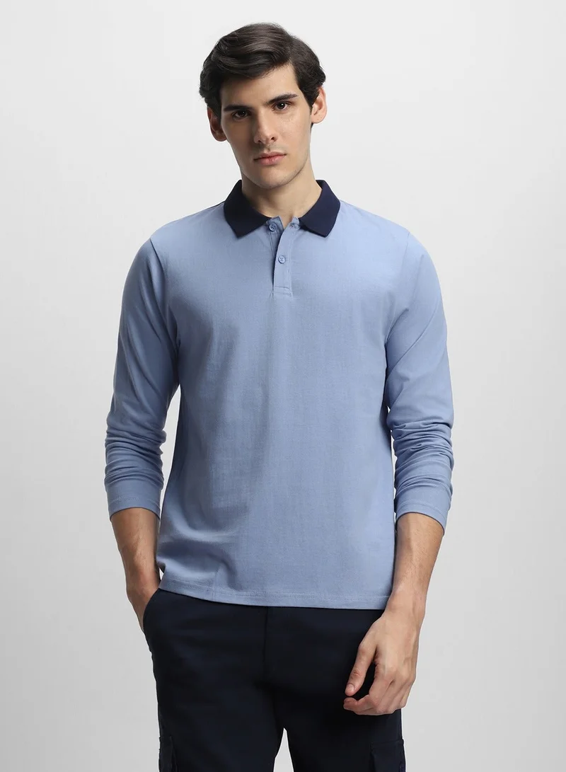 Dennis Lingo Light Blue Slim Fit Polo Collar T-shirt for Men - 100% Cotton, Full Sleeve, Casual,