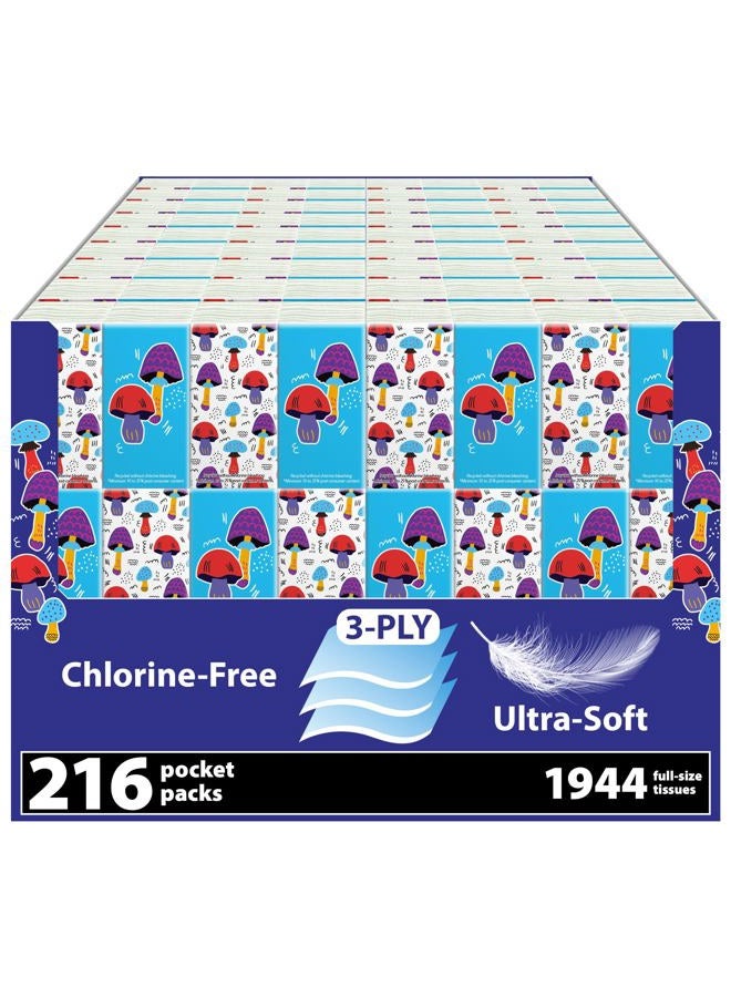Funwares White Facial Travel Tissue Packs, Non-Bleach, Chlorine-Free, Compact Pocket Tissues for Car, Purse, School, Work, On-the-Go Tissue Packs, Mushroom Design, 216 Pack, 1944 Tissues, 3-Ply Sheets - Image 1