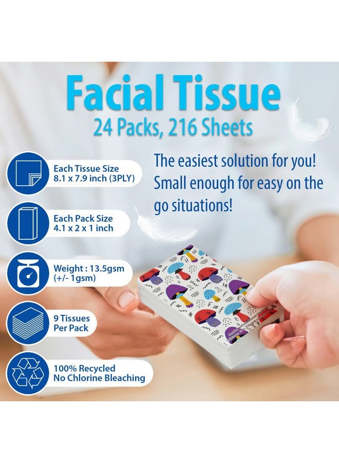 Funwares White Facial Travel Tissue Packs, Non-Bleach, Chlorine-Free, Compact Pocket Tissues for Car, Purse, School, Work, On-the-Go Tissue Packs, Mushroom Design, 216 Pack, 1944 Tissues, 3-Ply Sheets - Image 2