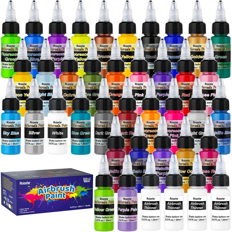 Roizefar Airbrush Paint, 36 Colors with 4 Thinner Airbrush Paint Set, Water-Based Air brush Paints Acrylic Ready to Spray Includes Metallic & Neon Colors, 20ml/Bottle - Image 1