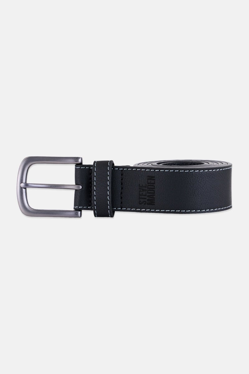 STEVE MADDEN Men Brand Logo Leather Adjustable Buckle Belts, Black - Image 1