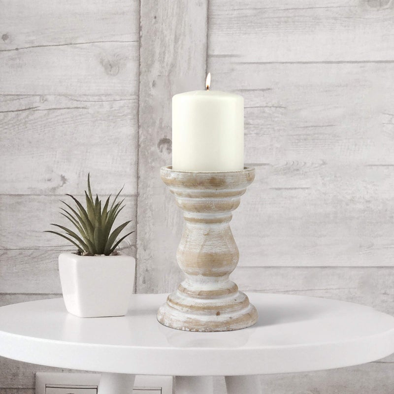 Stonebriar Antique White Wooden Pillar Candle Holder, Vintage Seaside Pillar Stand for Dining Table Centerpiece, Coffee Table, Mantel, Or Any Table Top, Medium - Image 5
