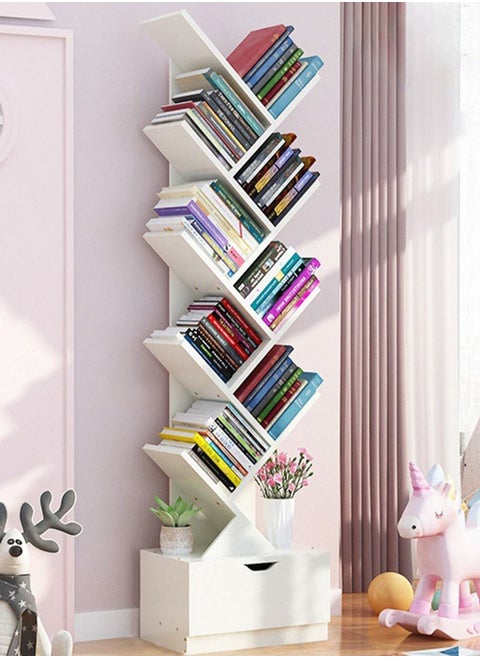 10-Tier High-Capacity Free-Standing Wood Tree Bookcase and Bookshelf Organizer, Home Office Organizer Rack with Drawer