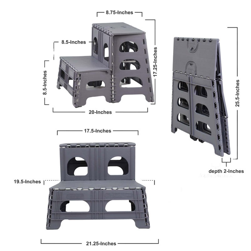 Bee Neat Folding 2 Step Stool for Adults, Kids, Toddlers - Collapsible & Foldable Step Ladder for Kitchen, Bathroom or Bedroom - Non-Slip & Wide Stepping Stool Supports 200lbs - Gray - Image 2