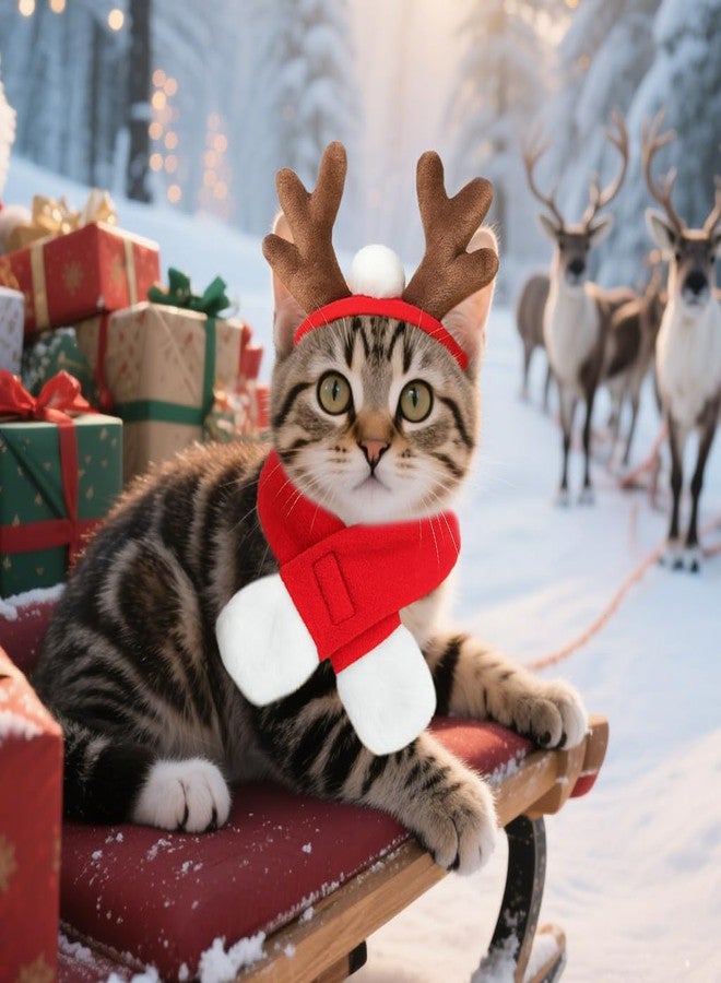 NAMSAN Christmas Cat Reindeer Costume, Xmas Deer Antler Headband with Red Scarf for Small Dogs Cats, Santa Claus Reindeer and Scarves Outfit - Image 2