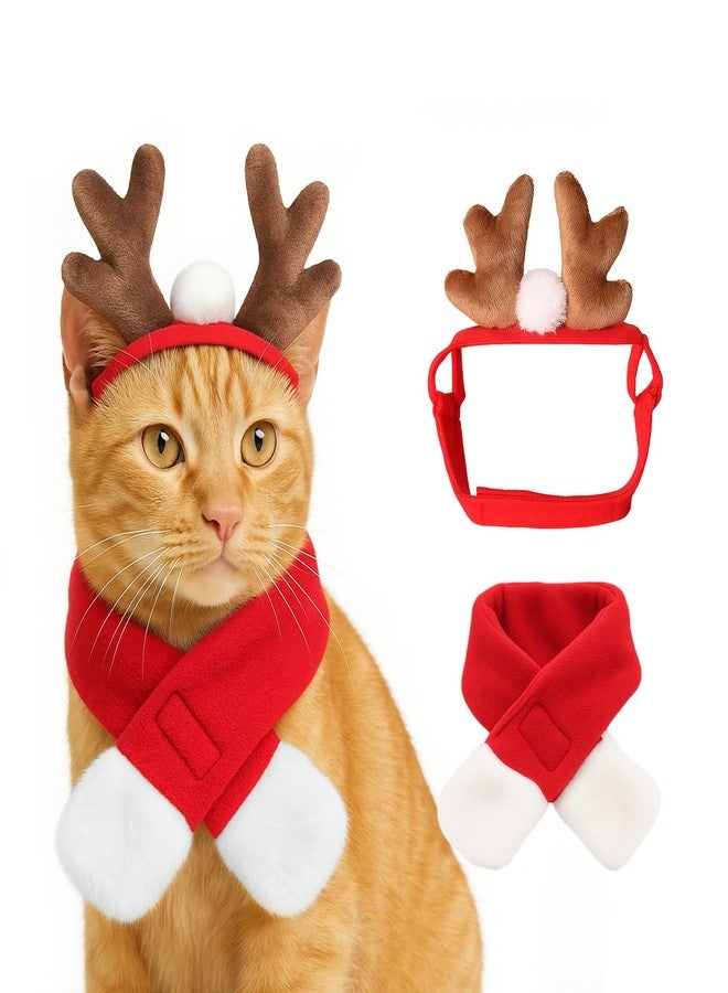 NAMSAN Christmas Cat Reindeer Costume, Xmas Deer Antler Headband with Red Scarf for Small Dogs Cats, Santa Claus Reindeer and Scarves Outfit - Image 1