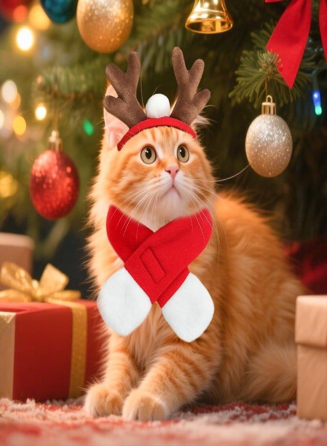 NAMSAN Christmas Cat Reindeer Costume, Xmas Deer Antler Headband with Red Scarf for Small Dogs Cats, Santa Claus Reindeer and Scarves Outfit - Image 5