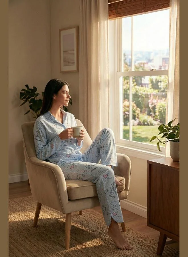 Lela Lela Patterned Relaxed Fit Wide Leg Summer Pajama Set for Women PAJAMAS SET 6110014