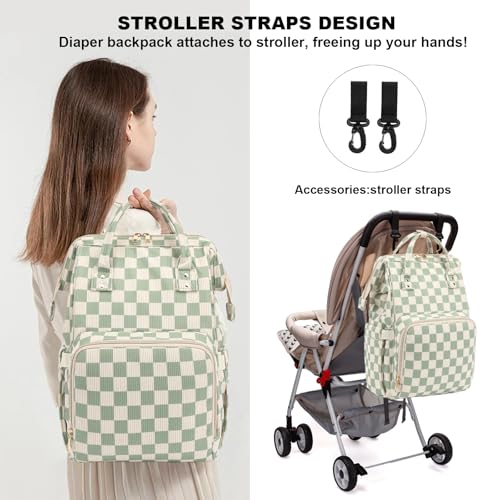 Dezcrab Baby Diaper Bag Backpack for Mom Large Capacity Travel Nappy Bag for Boys Girls with Stroller Straps Corduroy Checkered Green - Image 3
