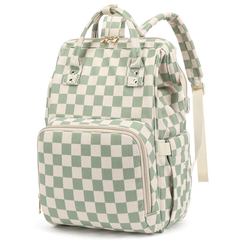 Dezcrab Baby Diaper Bag Backpack for Mom Large Capacity Travel Nappy Bag for Boys Girls with Stroller Straps Corduroy Checkered Green - Image 2