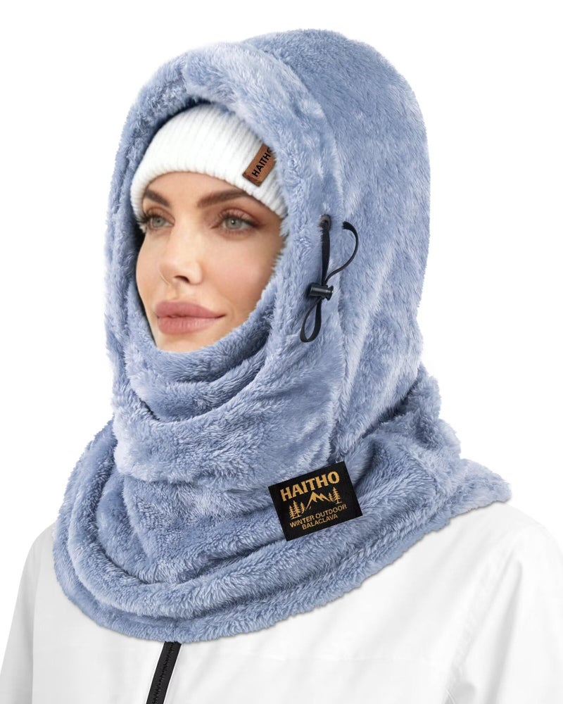 HAITHO Ski Mask Balaclava for Women Men, Winter Full Face Mask Hooded Scarf for Cold Weather, Warm Fleece Head Cover Neck Warmer, Blue, One size - Image 1