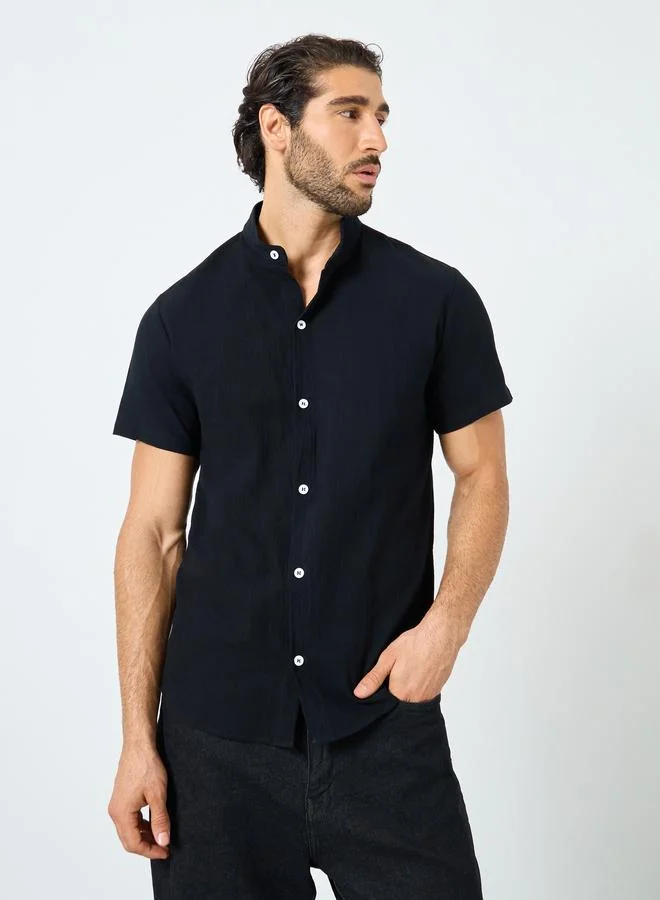 Take Two Take Two Slogan Print Mandarin Collar Buttoned Shirt