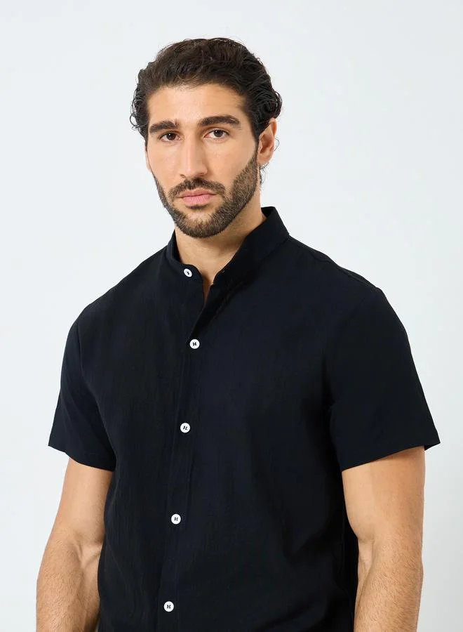 Take Two Take Two Slogan Print Mandarin Collar Buttoned Shirt