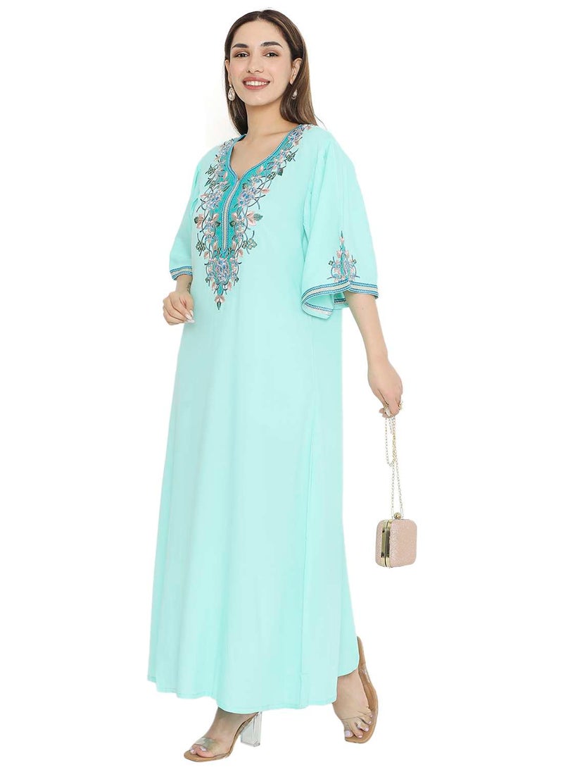 HANA & SARA - PURE MUSLIN SILK COTTON WITH UNIQUE THREAD EMBROIDERY ARABIC KAFTAN JALABIYA DRESS - Image 1