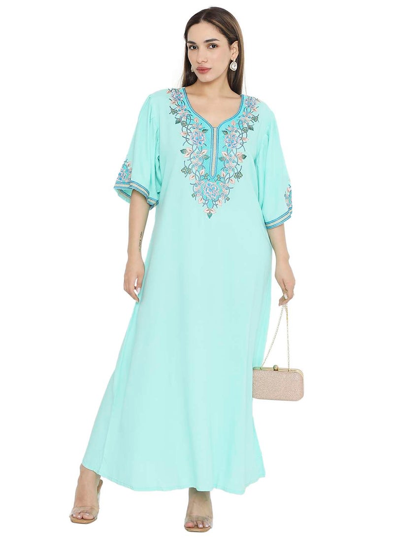 HANA & SARA - PURE MUSLIN SILK COTTON WITH UNIQUE THREAD EMBROIDERY ARABIC KAFTAN JALABIYA DRESS - Image 1