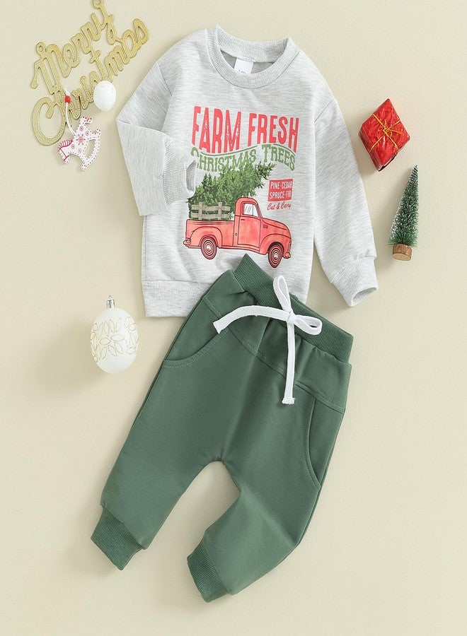 Okbabeha Christmas Baby Boy Outfit Toddler Sweatsuit Xmas Tree Truck Sweatshirt Jogger Pants 2Pcs Boys Winter Clothes Set (Xmas Truck-Green, 18-24 Months) - Image 2