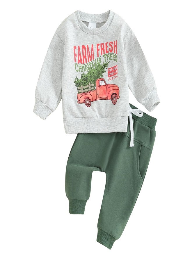 Okbabeha Christmas Baby Boy Outfit Toddler Sweatsuit Xmas Tree Truck Sweatshirt Jogger Pants 2Pcs Boys Winter Clothes Set (Xmas Truck-Green, 18-24 Months) - Image 1