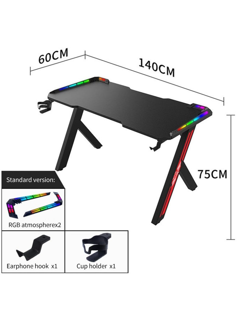 Generic Gaming Desk with LED Lights RGB Gaming Computer Table with Carbon Fibre Surface LED Home Office Desk with Remote Control Pc Workstation with Cup Holder and Headphone Hook (Black 60 * 140cm)  - Image 3
