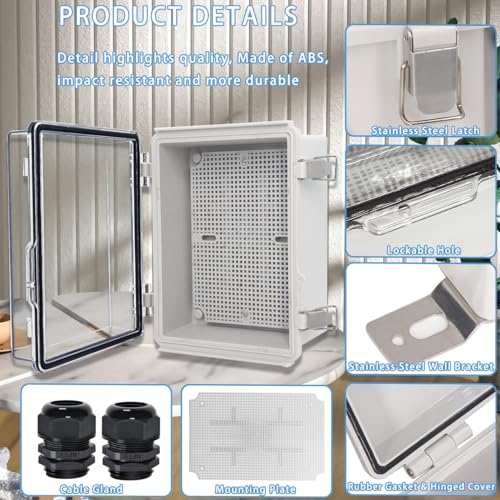 Zulkit Junction Box IP67 Waterproof Electrical Box Hinged Clear Cover Stainless Steel Latch Plastic Enclosure for Project w Mounting Plate Wall Bracket and 2 Cable Gland 8.7"x6.7"x4.3"/220x170x110mm - Image 4