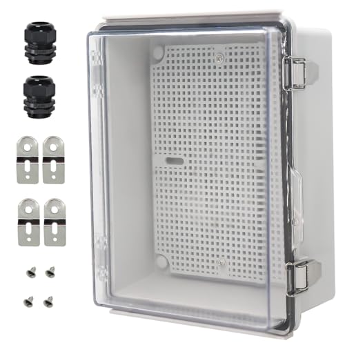 Zulkit Junction Box IP67 Waterproof Electrical Box Hinged Clear Cover Stainless Steel Latch Plastic Enclosure for Project w Mounting Plate Wall Bracket and 2 Cable Gland 8.7"x6.7"x4.3"/220x170x110mm - Image 1
