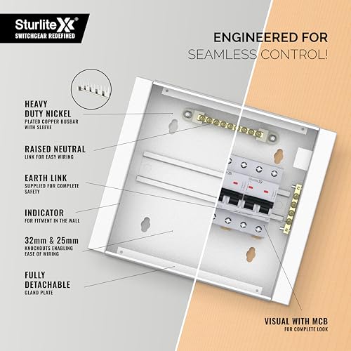 Sturlite Ovix Double Door MCB Distribution Board | 6 Way TPN (Triple Pole and Neutral) | Metal Body with Premium Finish & Concealed Hinges | Cable Kit Included - Image 5