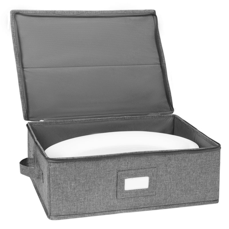 popoly Platter Storage Case China Storage Containers Hard Shell 17 x 13 x 6 5 Felt Dividers Included Structured Top and Stackable Linen Grey