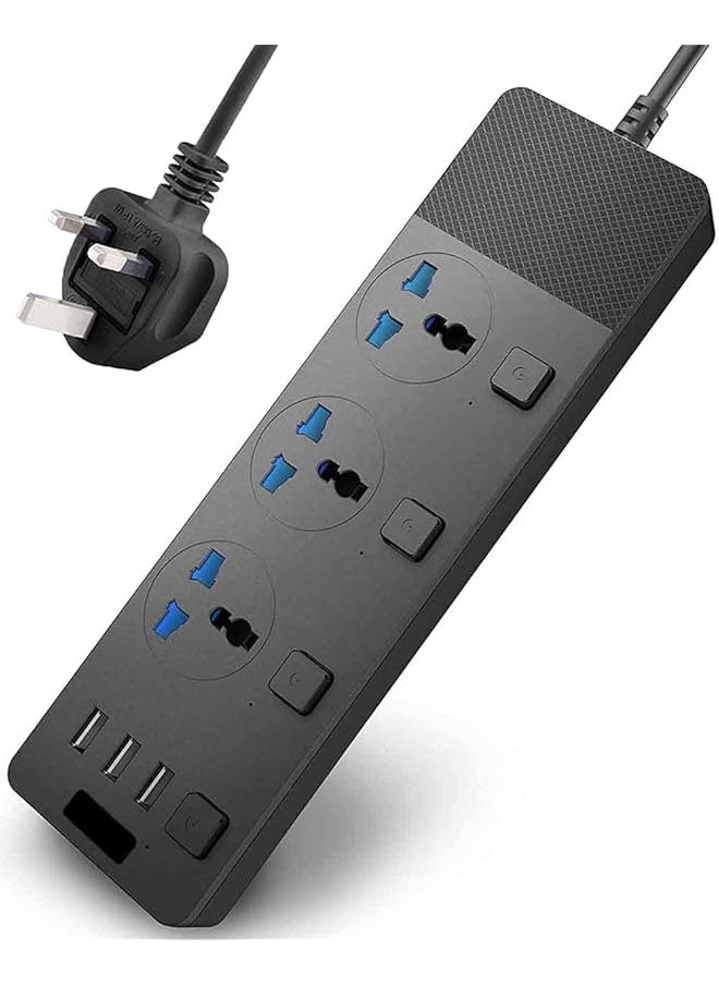 PROMASS promass Extension Lead Cord, 2 Meter Power Strip Plug Adapter with 3 Way Power Extension Cord 3 USB Ports Cable Surge Protector (T11,Black)  - Image 1