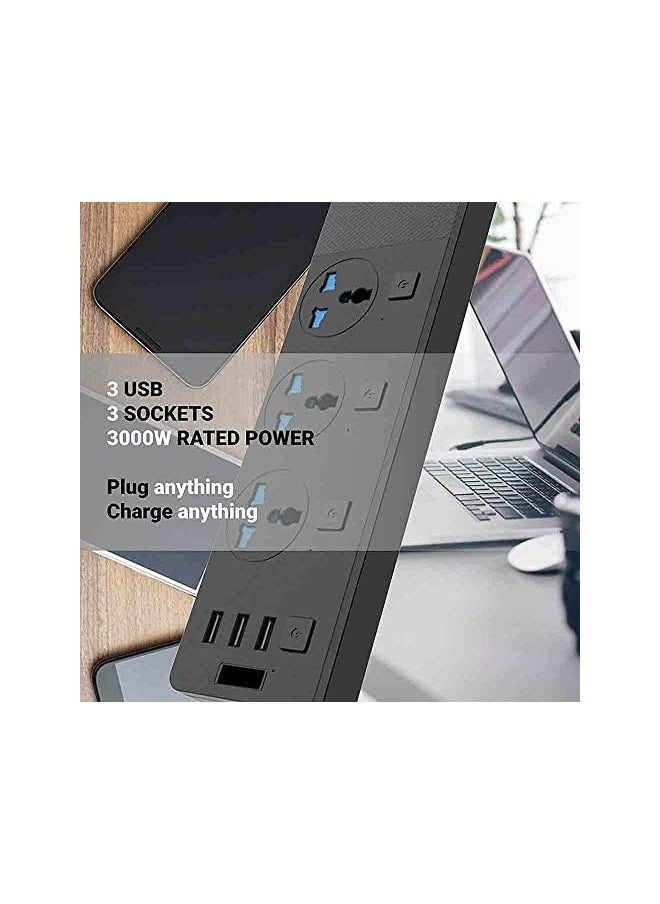 PROMASS promass Extension Lead Cord, 2 Meter Power Strip Plug Adapter with 3 Way Power Extension Cord 3 USB Ports Cable Surge Protector (T11,Black)  - Image 4