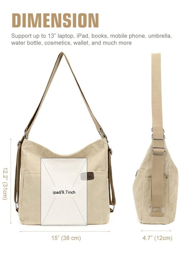 RUNSOON Corduroy Tote Bag Hobo Shoulder Bag for Women Small Medium Convertible Backpack Purse with Zipper Multi Pockets, Army Green - Image 5