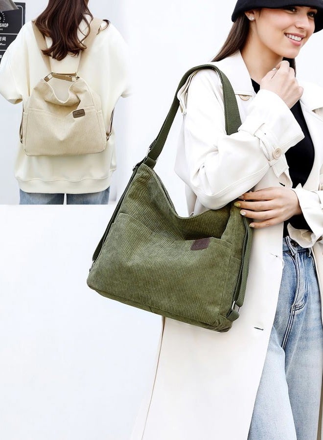 RUNSOON Corduroy Tote Bag Hobo Shoulder Bag for Women Small Medium Convertible Backpack Purse with Zipper Multi Pockets, Army Green - Image 2
