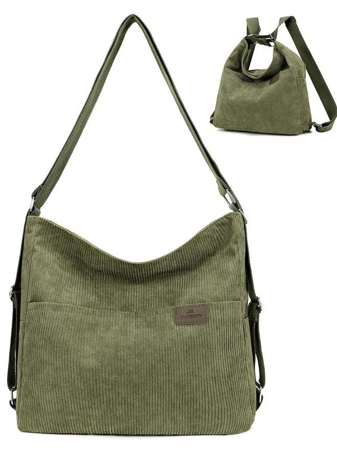 RUNSOON Corduroy Tote Bag Hobo Shoulder Bag for Women Small Medium Convertible Backpack Purse with Zipper Multi Pockets, Army Green - Image 1