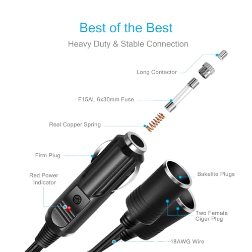 CHANZON 12V/24V 1 to 2 Car Cigarette Lighter Splitter Adapter, 7in UL Wire with 15A Fuse, Auto DC Power Supply Extension Cord with Plug Socket, 2 Way Y Adapter with Dual Power Charger Port - Image 3
