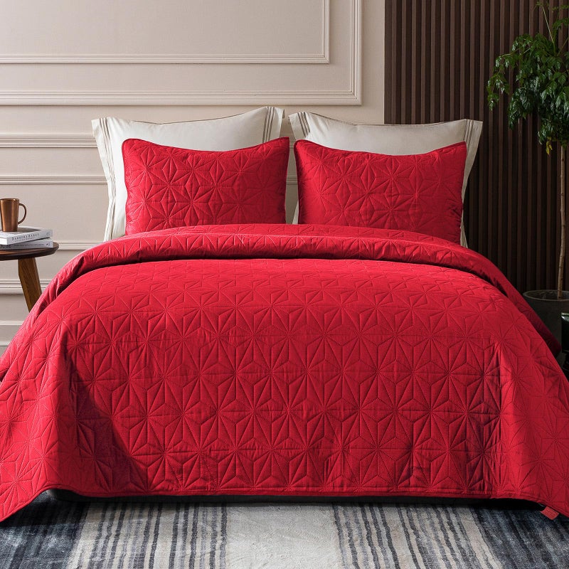 Whale Flotilla Whale Flotilla Queen Quilt Bedding Set Soft Bright Red Bedspreads Quilts Queen Size for All Seasons 3 Pieces Lightweight Geometric Star Pattern Coverlet 