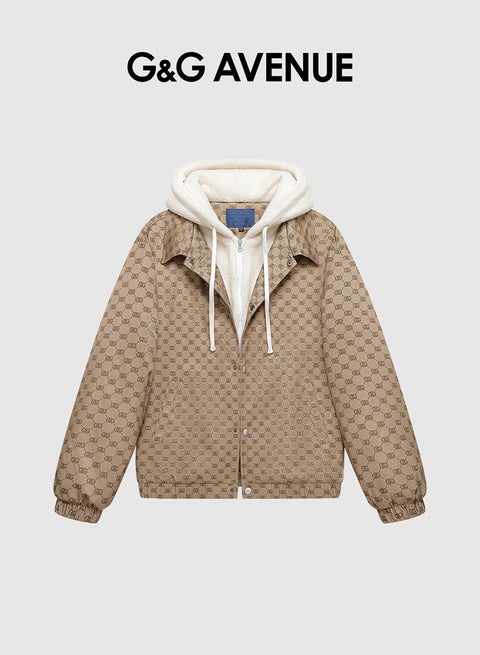 Men warm lamb fleece top hooded fake two piece splicing thickened couple's short grain