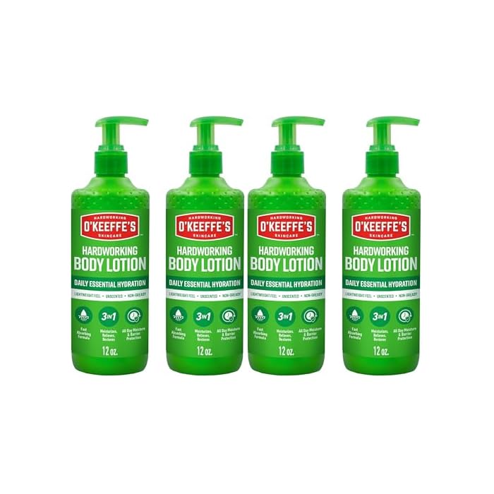 O'Keeffe's Hand and Body Lotion with Glycerin and Shea Butter - 12 oz Pump - Daily Essential Hydration, Heals & Relieves Extremely Dry Skin,(Pack of 4)