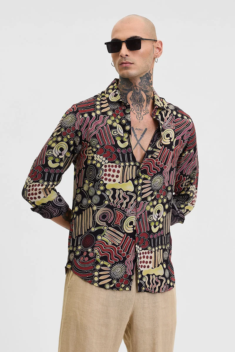 سنيتش Red Abstract Long Sleeve Slim Fit Casual Shirt