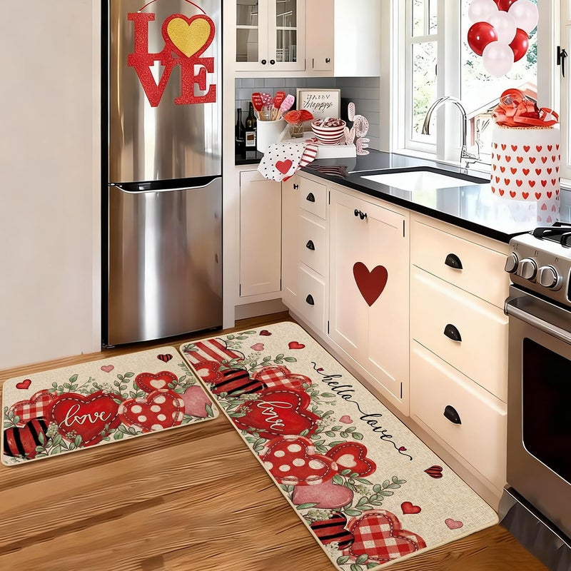 Baccessor Valentine's Day Kitchen Rugs Set of 2, Hello Love Hearts Eucalyptus Kitchen Mats Non Slip Low-Profile Washable for Floor Anniversary Wedding Home Decor 17x29 and 17x47 Inch - Image 5